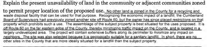 in its rezoning application, County Waste of Virginia claimed it had selected to most suitable site in Cumberland County for a landfill