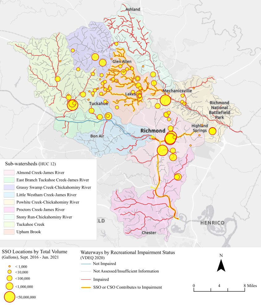 Sanitary Sewer Overflows (SSO) from Henrico County impair streams, together with Combined Sewer Overflows (CSO) from Richmond