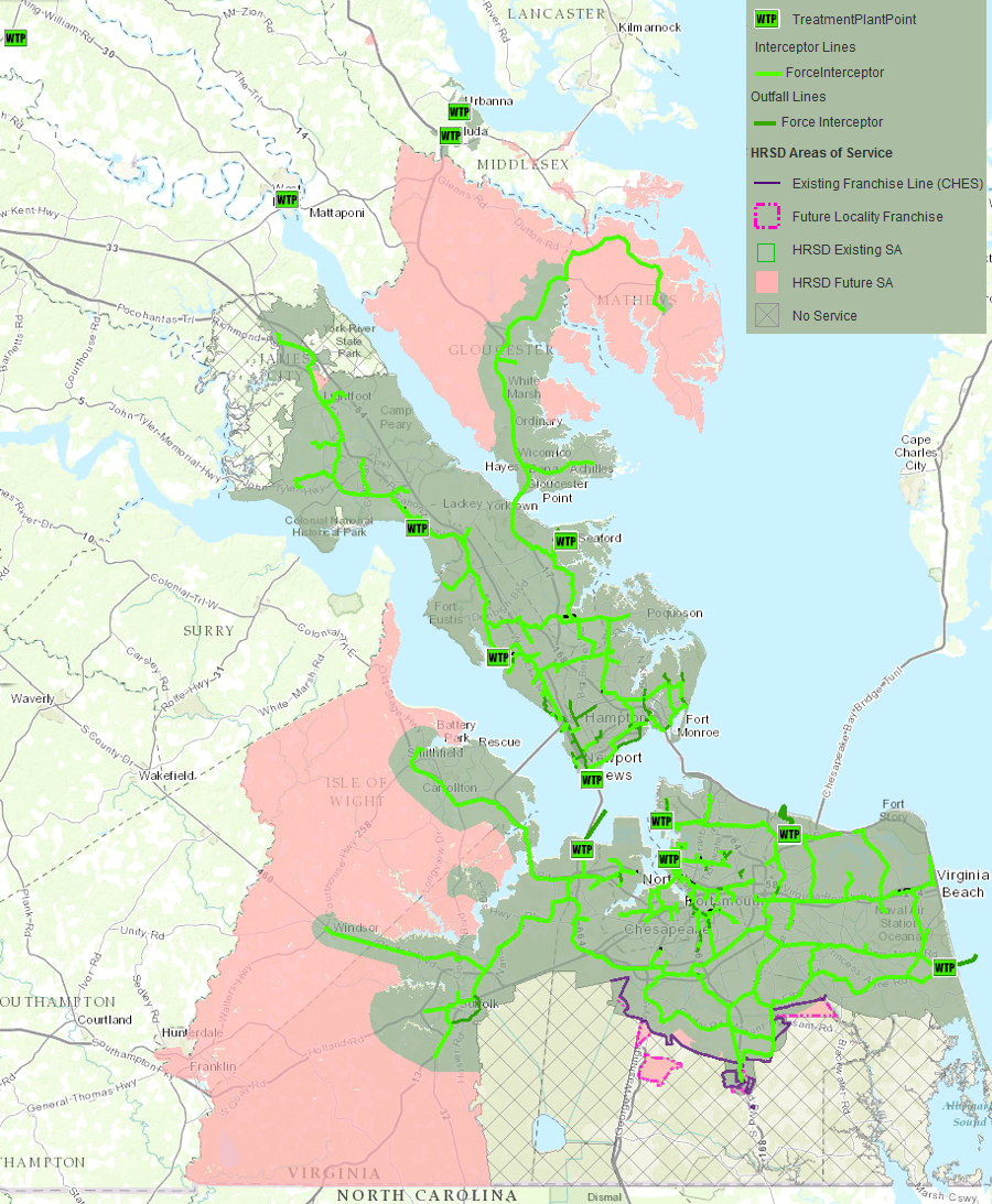 the Hampton Roads Sanitation District plans to expand west beyond the Blackwater River (to service the City of Franklin) and north to the Rappahannock River