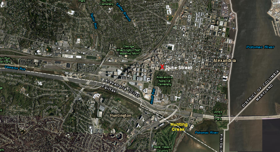 CSO-003 and CSO-004 outfalls at Duke Street (red X) allow untreated sewage to flow into Hooff's Run, then downstream to Hunting Creek