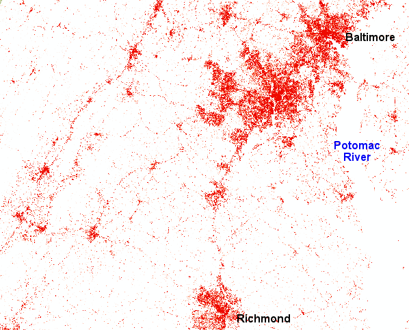 impervious surface (red) is concentrated in urbanized Northern Virginia, and in cities along interstate highways