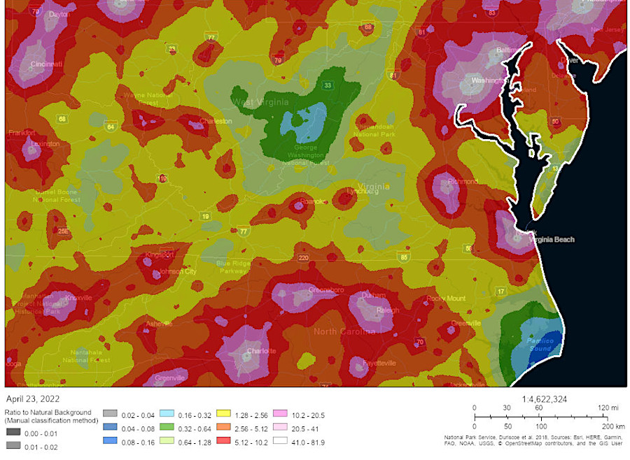 light pollution is concentrated in urban areas, but extends across the entire state