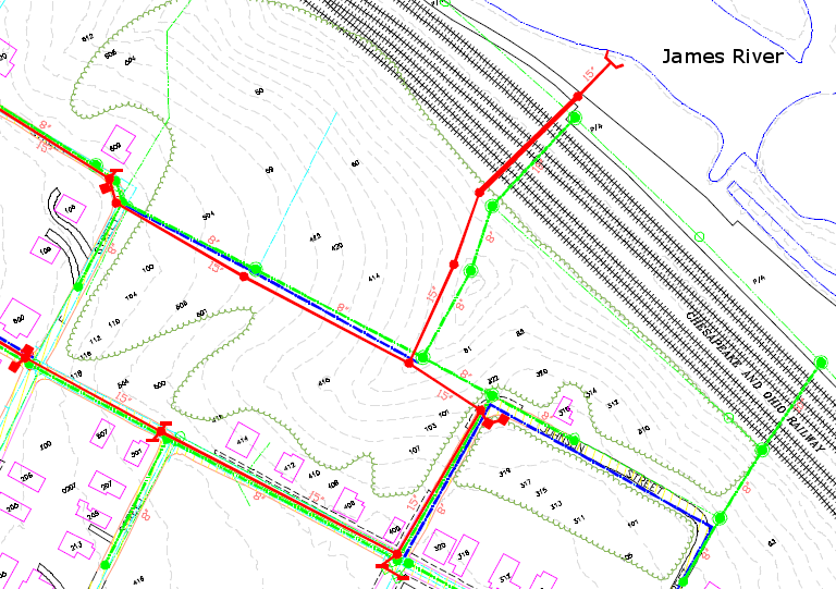 new stormwater sewer lines (red), to separate stormwater from existing sanitary sewer system (green) in Lynchburg