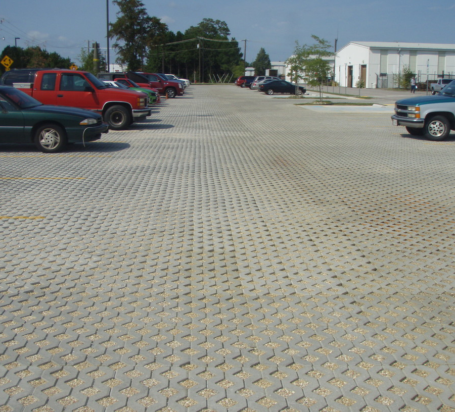 permeable pavers in parking lot at Fort Lee, Virginia allow rainwater to infiltrate soil rather than become stormwater runoff