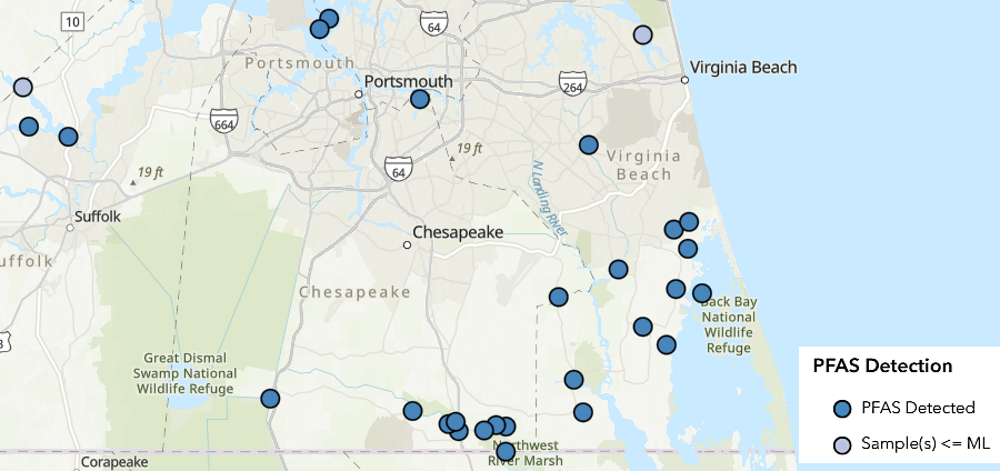 sampling in southeastern Virginia, with multiple military bases, detected PFAS in multiple locations