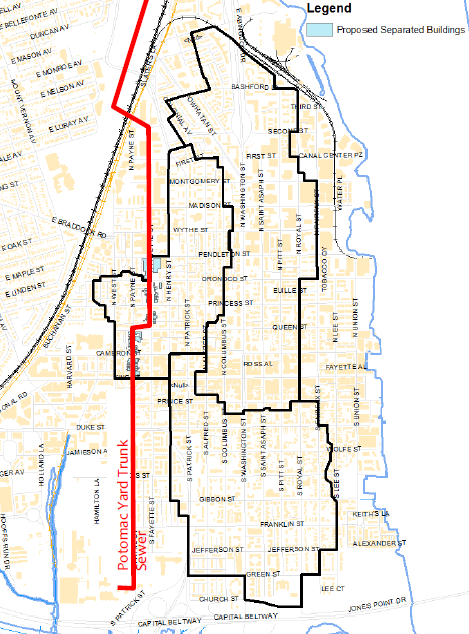 redirecting sanitary connections to the Potomac Yard Trunk Sewer started with a tiny portion (colored in blue) of Old Town Alexandria