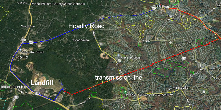 two pipeline routes were proposed to transport renewable natural gas (RNG) from the Prince William County landfill to the existing pipeline network