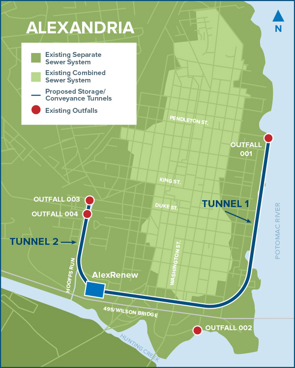 two deep tunnels will connect the four combined stormwater/sewage to Alexandria's water reclamation facility on Cameron Run