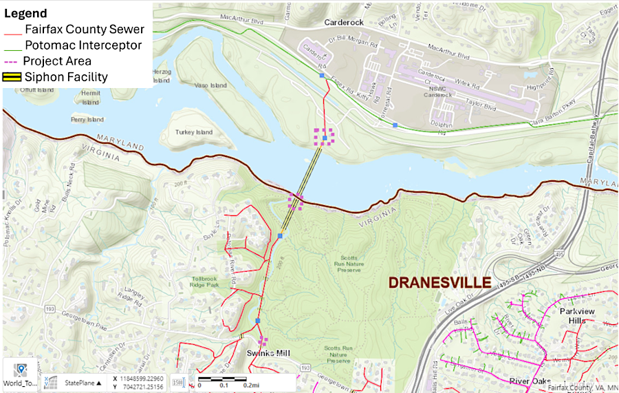 three pipes carry wastewater from Fairfax County underneath the Potmac River to the Potomac Interceptor and then Blue Plains