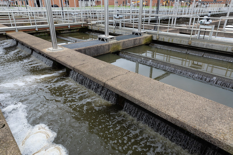 in the secondary treatment tanks, aerobic and anaerobic bacteria digest the solids dissolved in wastewater