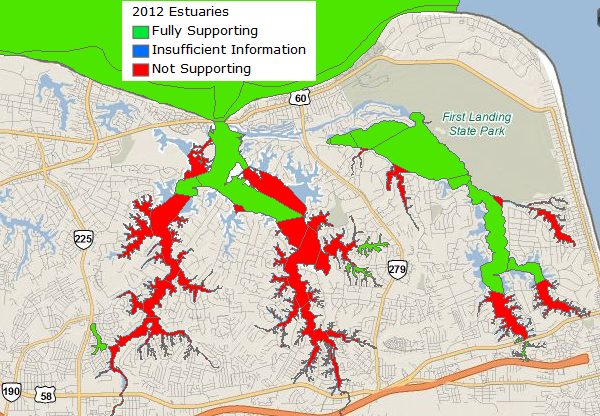 Virginia Department of Environmental Quality (DEQ) determines if water quality in Lynnhaven River meets the intended use and supports shellfish on a regular basis