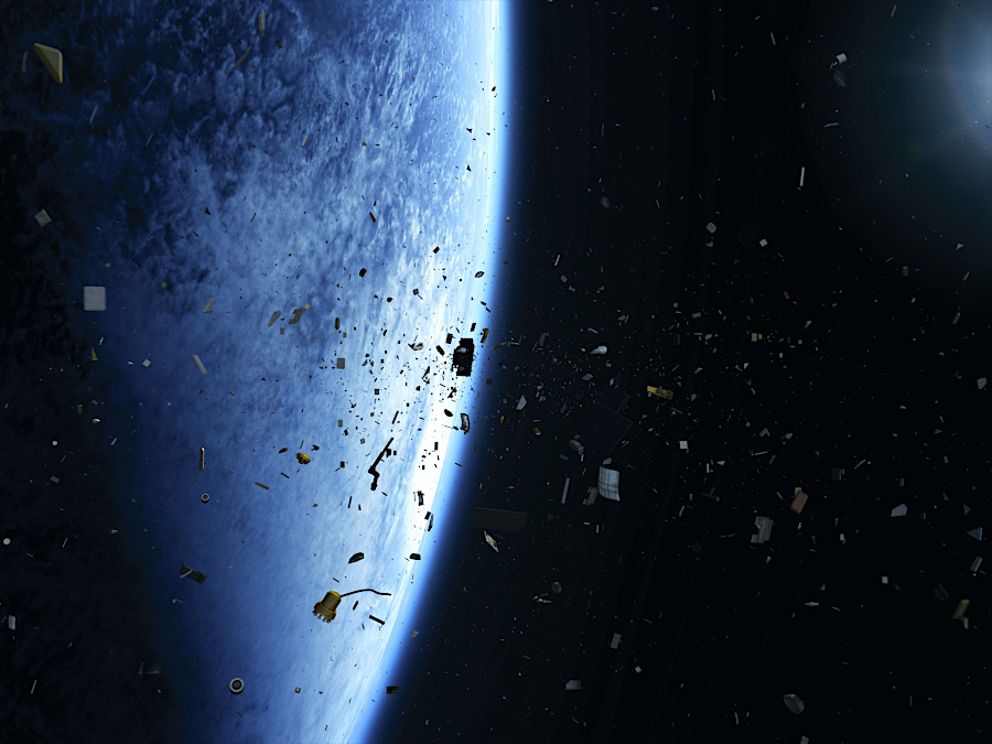 waste management is a problem in outer space, where satellites are threatened by collisions with particles of orbiting debris