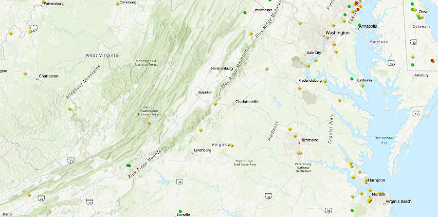 location of the 36 Superfund sites in Virginia in 2021