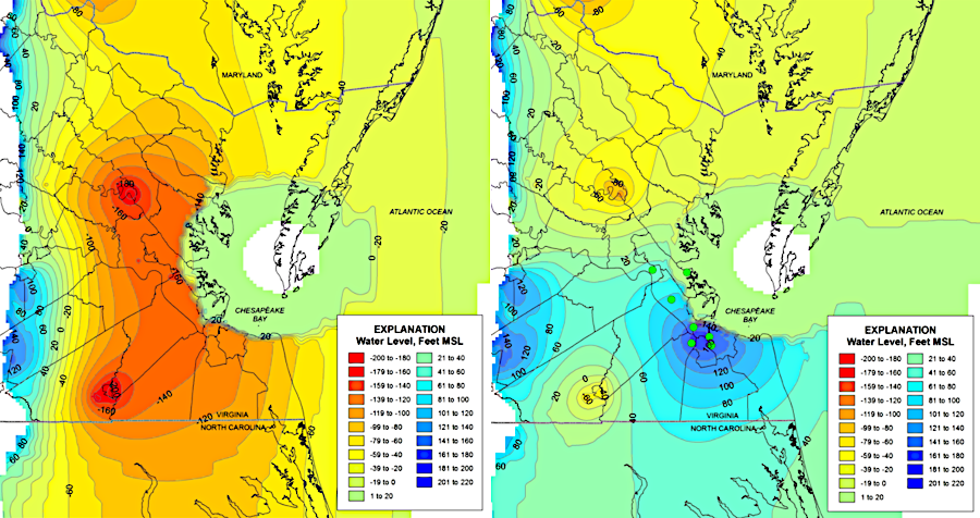 predicted pressures in the Potomac Aquifer in 50 years without SWIFT replenishment (left) and with replenishment (right)