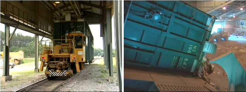 railroad cars at the landfill were tilted to dump out the trash