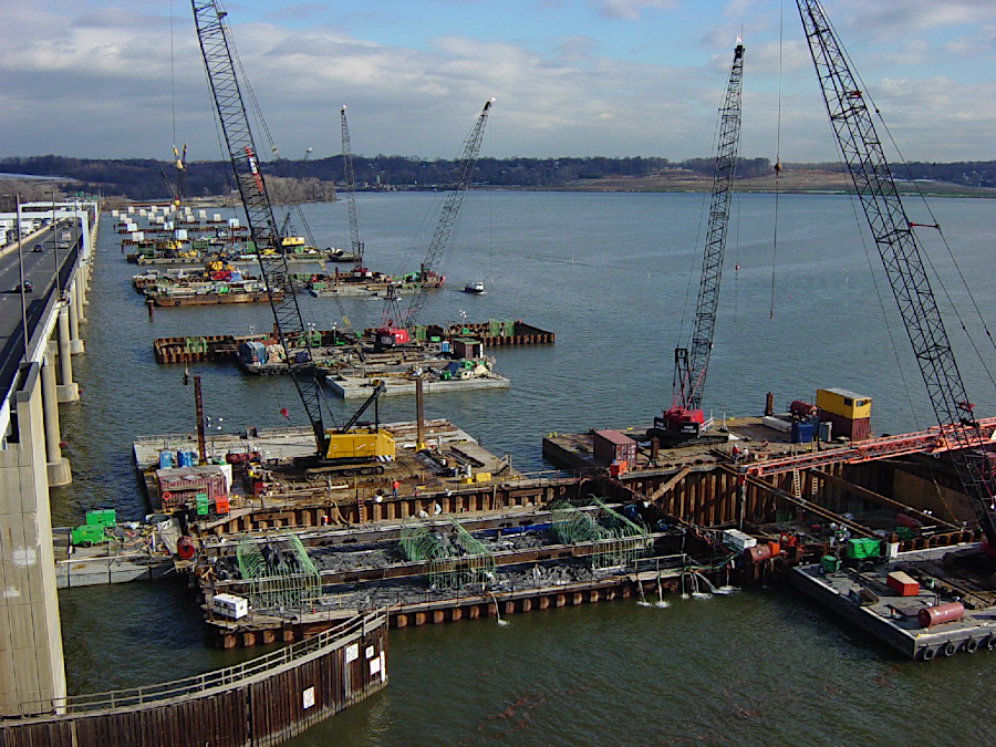 pilings were driven into the Potomac River sediments to support the new spans