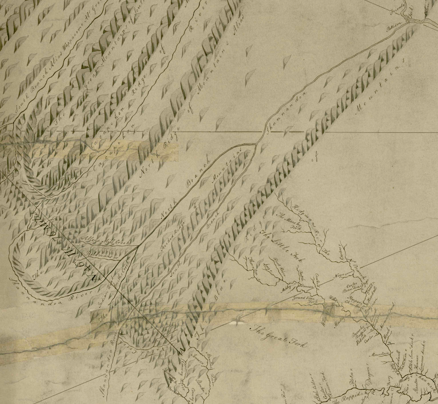 Peter Jefferson's 1747 map of the Fairfax Grant noted the forks of the Shenandoah River, on either side of Massanutten Mountain (Peeked Ridge)