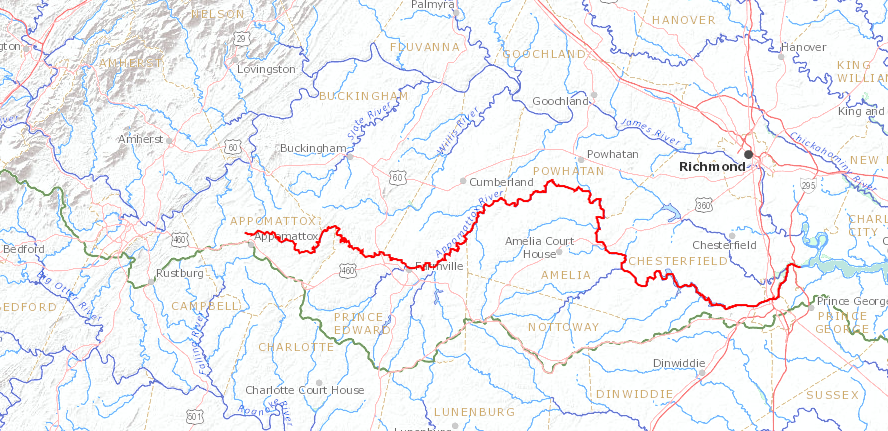 the Appomattox River flows east to its confluence with the James River