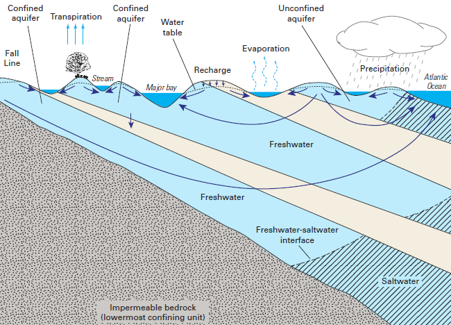 near the Atlantic Ocean, saltwater can intrude different confined aquifers at different rates, as freshwater is pumped out from different depths