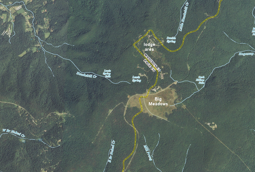 Big Meadows and the lodge in Shenandoah National Park is at the watershed divide, at the headwaters of different streams that flow downhill in multiple directions