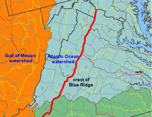 watershed boundaries reveal that, in most of Virginia, the Eastern Continental Divide separating Gulf of Mexico/Atlantic Ocean watersheds does not match up with the crest of the Blue Ridge
