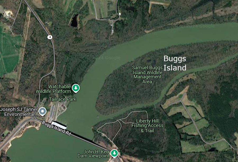 Buggs Island Road crosses Kerr Dam just upstream from Buggs Island