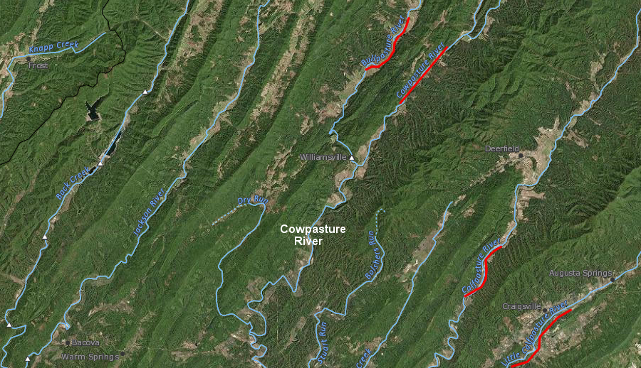 the Bullpasture, Cowpasture, Calfpasture, and Little Calfpasture rivers are all tributaries of the James River, and the Bullpasture River is a tributary of the Cowpasture River