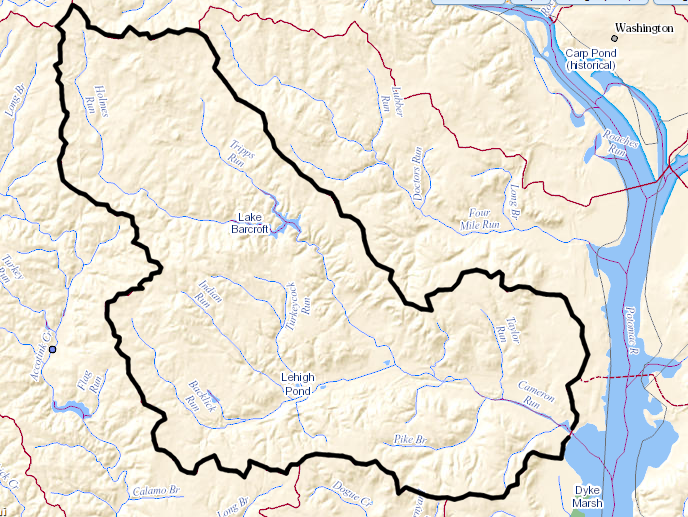 Tripps Run, Holmes Run, Turkeycock Run, Indian Run, and Backlick Run are some of the tributaries flowing into Cameron Run (boundaries of Cameron Run watershed shown in black)