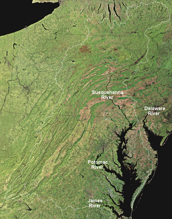 the white line shows the boundaries of the Chesapeake Bay watershed, which includes 64,000 square miles in six states plus the District of Columbia