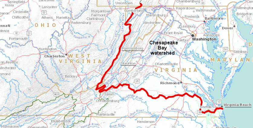 Staunton and Harrisonburg are in the Chesapeake Bay watershed, but the southern part of Virginia (including the southern part of Virginia Beach) is not