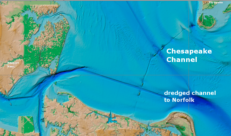 bathymetric map showing Chesapeake Bay Bridge-Tunnel and Thimble Shoals Channel