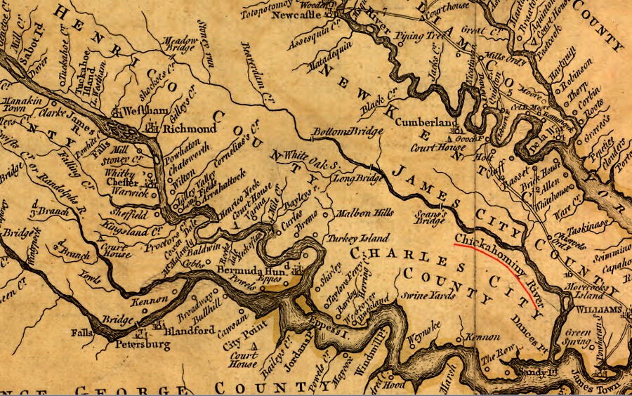 the 1755 Fry-Jefferson map of Virginia shows the Chickahominy River