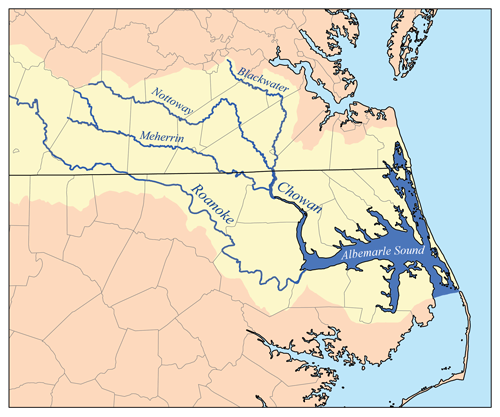 south of the Chesapeake Bay watershed, the Blackwater, Meherrin, and Nottoway rivers drain into the Chowan River