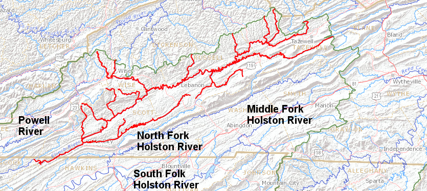 the Clich River (red) is one of the upper tributaries of the Tennessee River, as is the Powell River to the west and the Holston River to the east