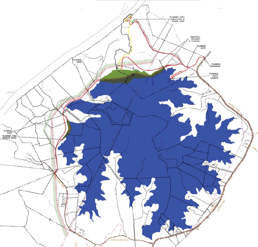 the planned Cobbs Creek Reservoir requires two dams (shown in green), including one 35' high to block potential overflow on the western edge