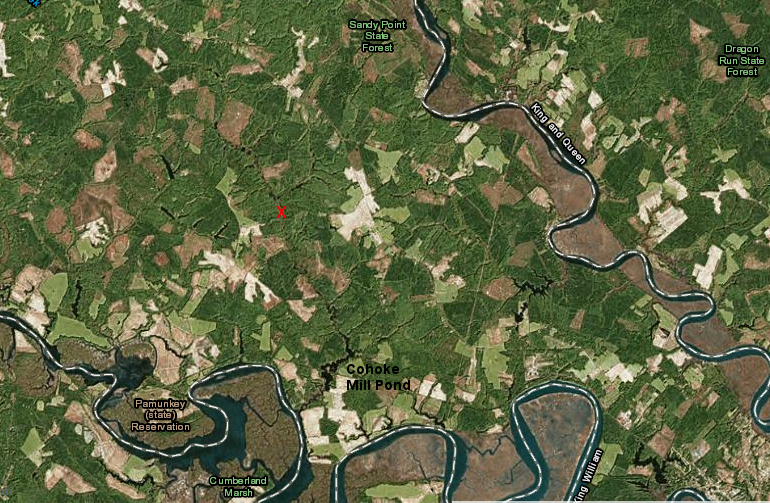 Dam Site IV (red X), the final proposed location for the King William Reservoir dam, was 3.5 miles upstream from the Cohoke Mill Pond dam