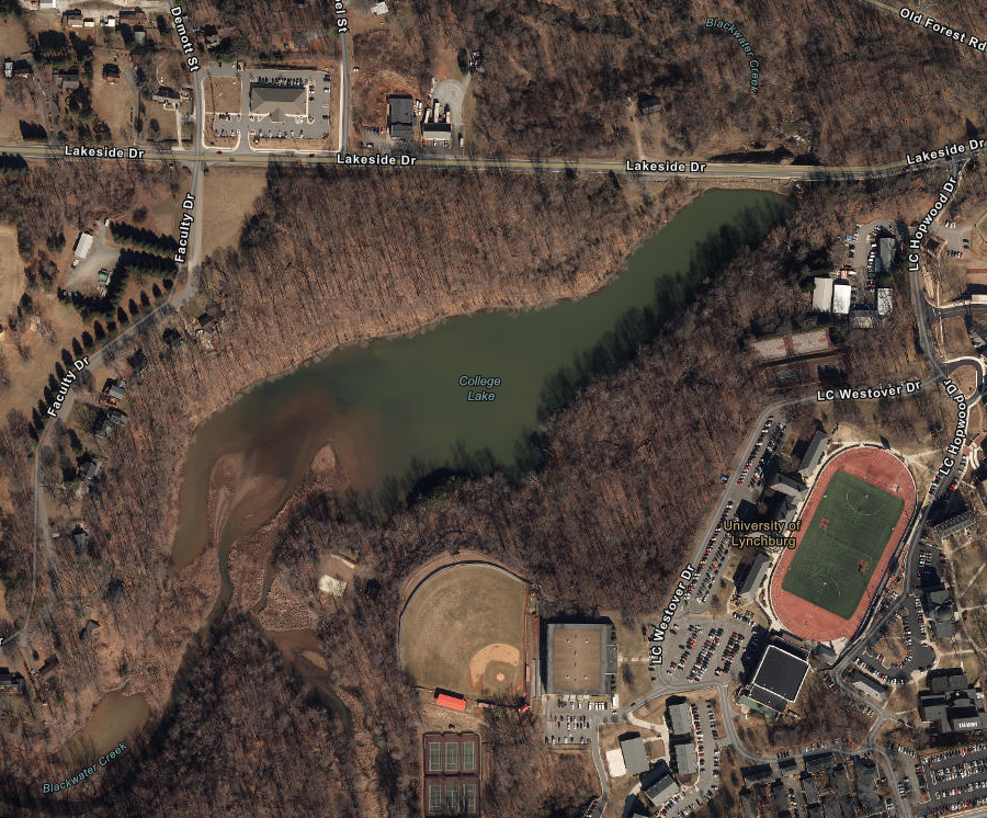 College Lake was created in 1934 by a dam across Blackwater Creek next to Lynchburg College (now University of Lynchburg)