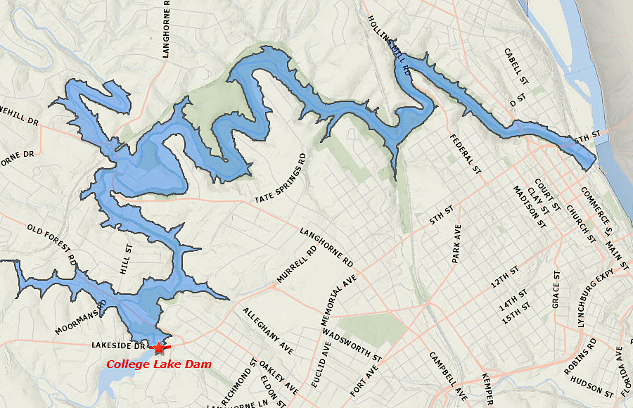 area of Maximum Probable Flood after a break of the College Lake dam