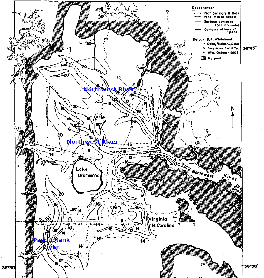 depth of peat shows drainage channels before formation of the Great Dismal Swamp and Lake Drummond