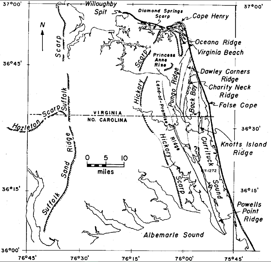 Lake Drummond is located between two scarps