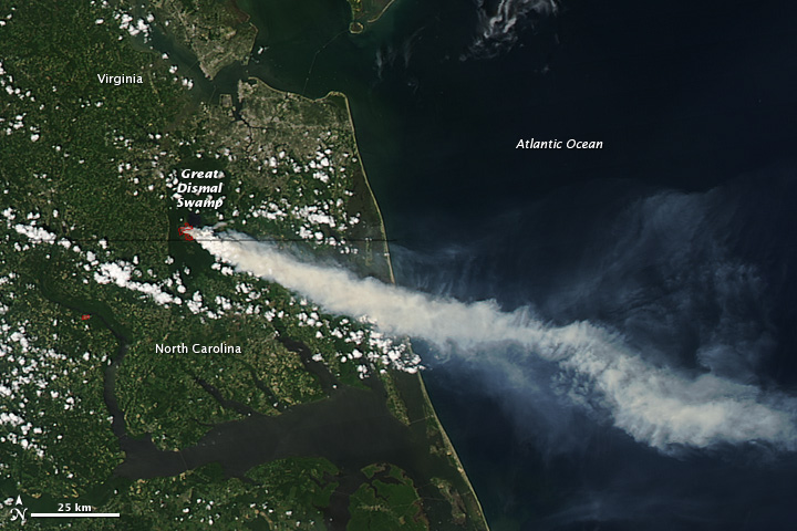 Dismal Swamp Lateral West fire from space, August 2011