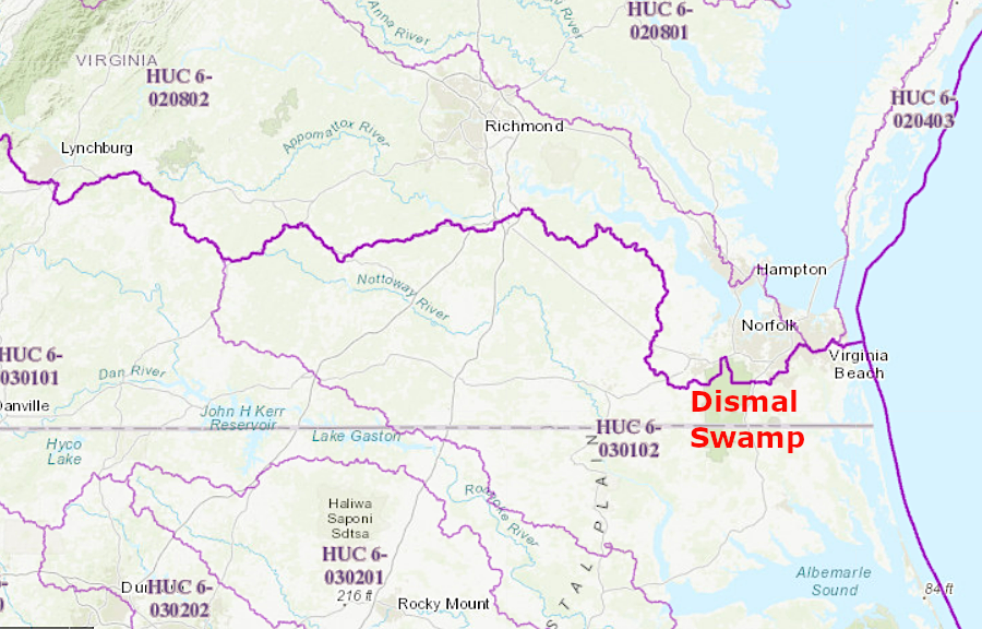 the Dismal Swamp did not drain naturally toward the Chesapeake Bay, but ditches crossed the very low watershed divide (purple line)