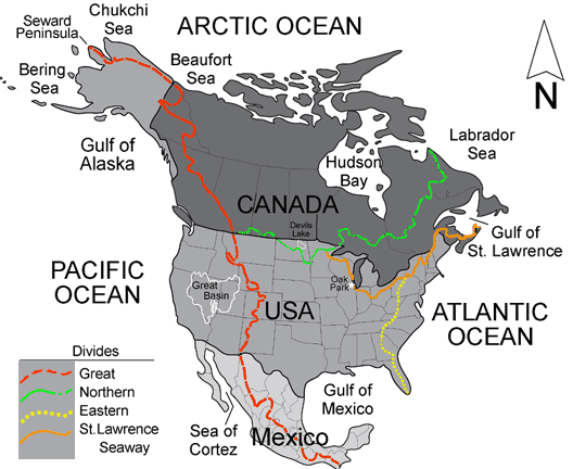 the Eastern Continental Divide separates rivers flowing to Atlantic Ocean vs. Gulf of Mexico, while the Northern Continental Divide separates the Arctic Ocean from other water bodies