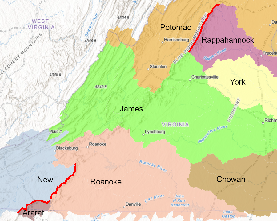 the Blue Ridge forms the watershed divide for the Ararat, New, and Rappahannock rivers - but not the James, Potomac, or York rivers
