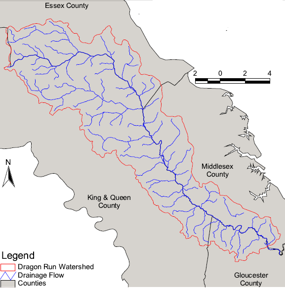 Essex, Gloucester, King and Queen, and Middlesex counties have cooperated though the regional planning commission to conserve much of the 140-square mile Dragon Run watershed