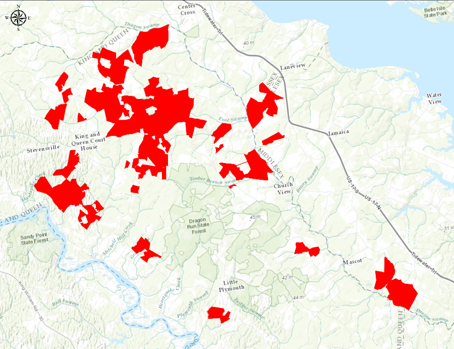 13,375 acres of timberlands in the Dragon Run watershed (marked in red) were protected by Virginia's largest conservation easement in 2010