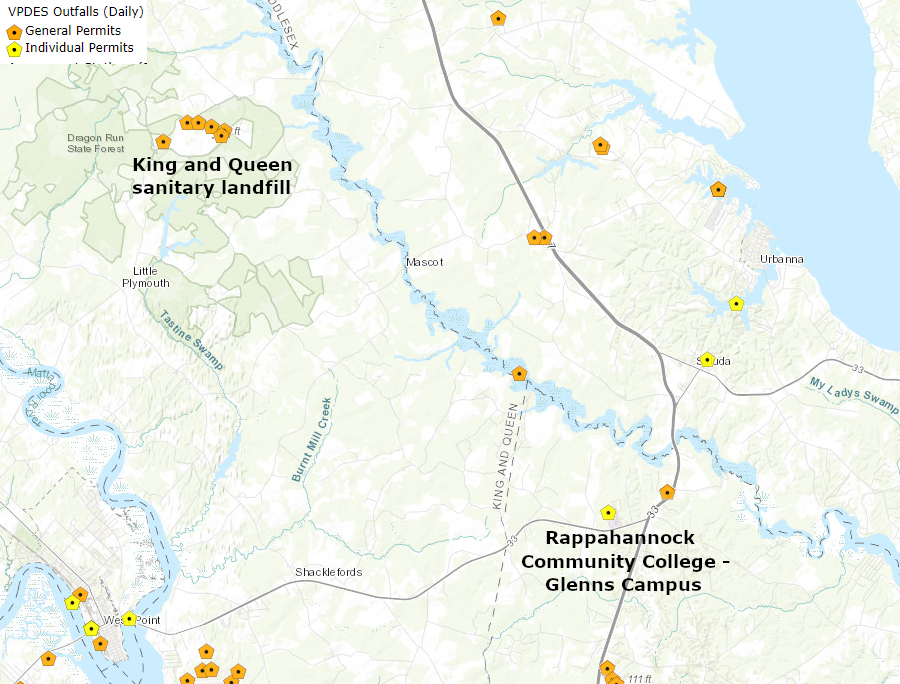 Virginia Pollutant Discharge Elimination System (VPDES) permits in the Dragon Run watershed authorize discharges from a sanitary landfill and a community college