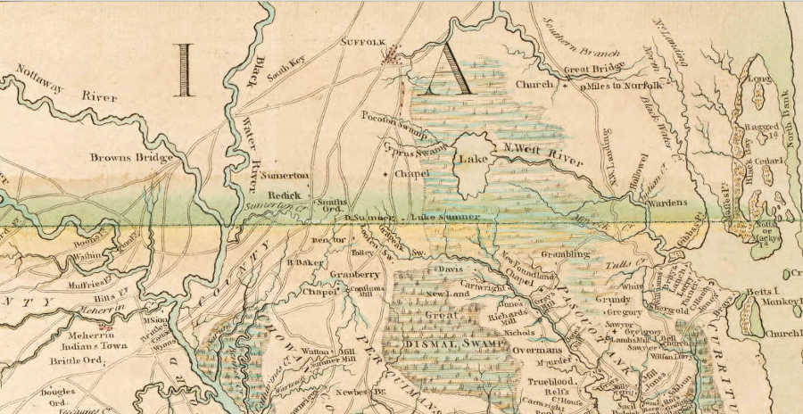 Lake Drummond is completely within Virginia, but the Great Dismal Swamp is in both Virginia and North Carolina