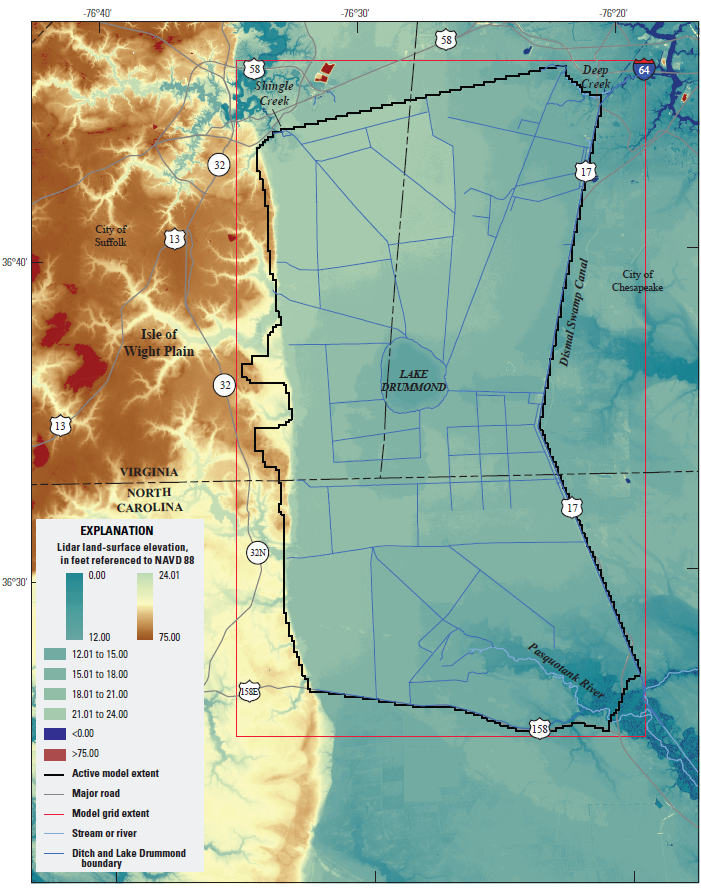 west of Lake Drummond and the Suffolk Scarp, land elevations are higher