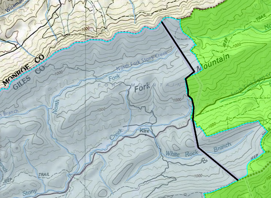 the Eastern Continental Divide does not define the Virginia-West Virginia boundary on the northeastern edge of Giles County